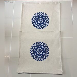 Set of Two Cream Pillow Covers with Blue Mandala Design